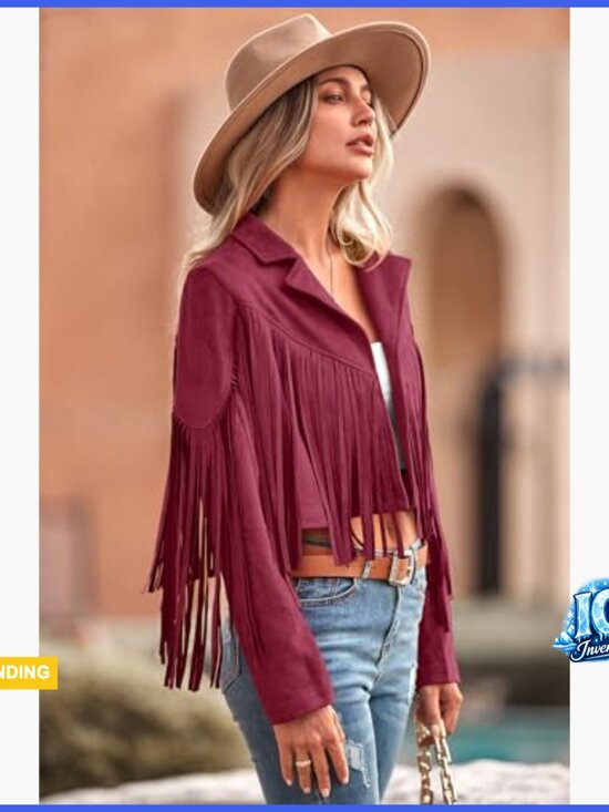 Faux Suede Fringe Motorcycle Cropped Jacket with Tassel Design - Picture 3 of 7